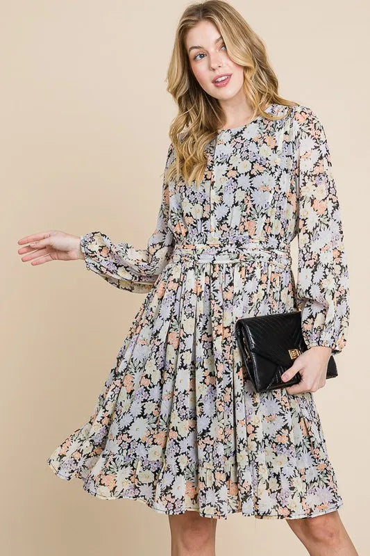 Lime 'N' Chili Chiffon Floral Print Belted Dress with Back Zipper BLACK FLORAL