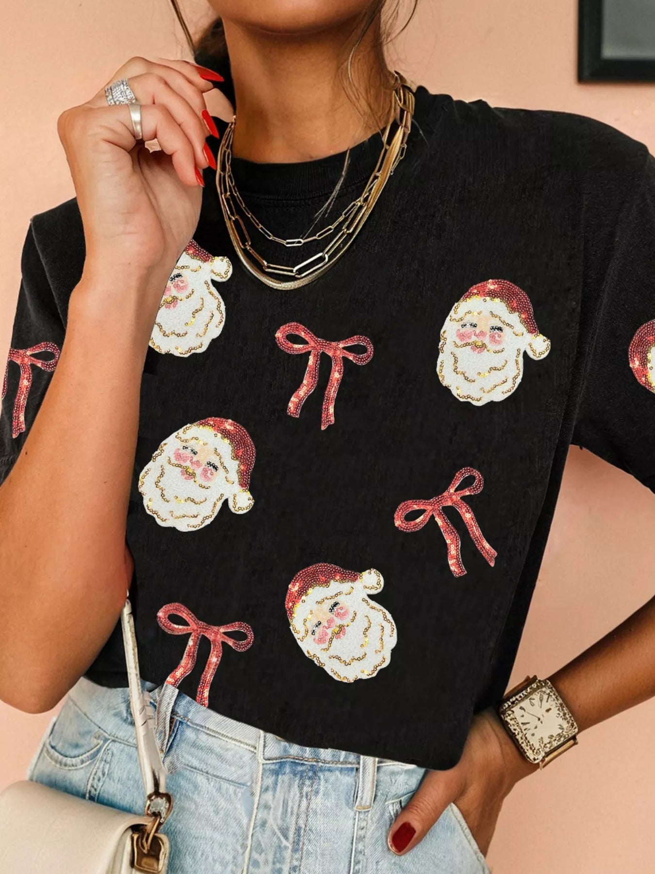 Sequin Christmas Bow Santa Claus Patched T Shirt