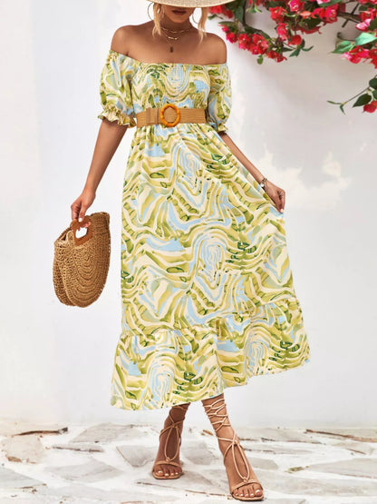 Smocked Printed Puff Sleeve Midi Dress Yellow Green