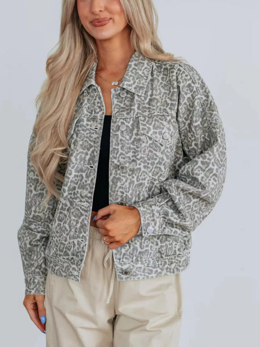 Leopard Button Up Denim Jacket Gray