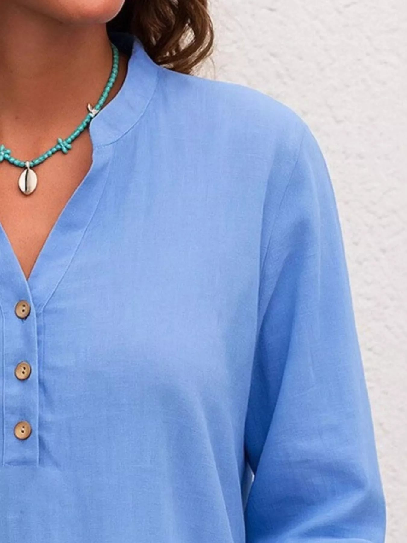 Full Size Button Detail Notched Long Sleeve Blouse Plus Size