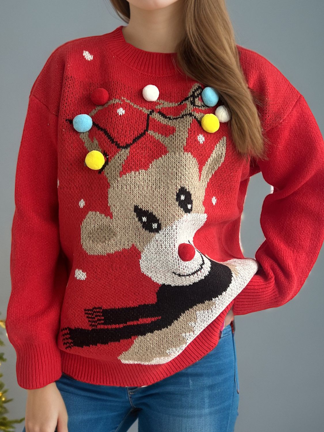 Reindeer Round Neck Long Sleeve Sweater Deep Red One Size