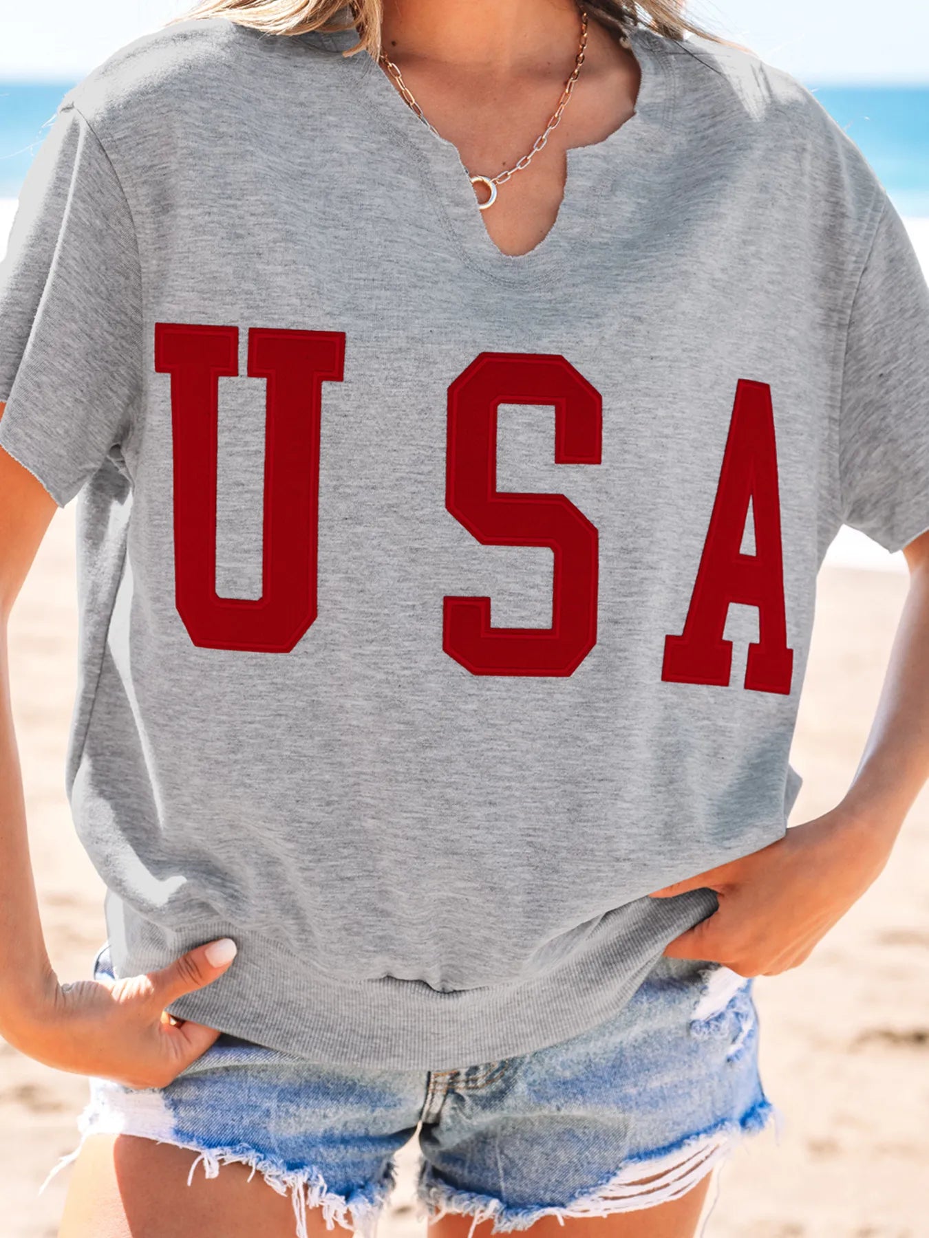 USA Lettering Patch Notched Neck T-Shirt
