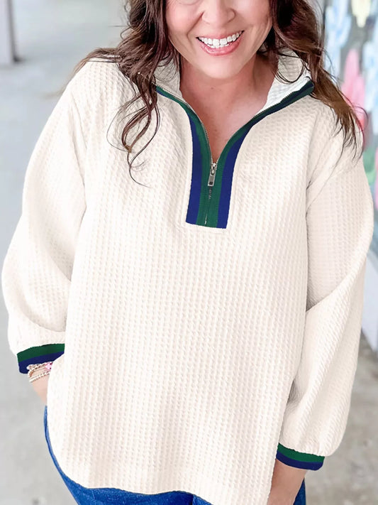 Textured Waffle Knit Half-Zip Sweatshirt White