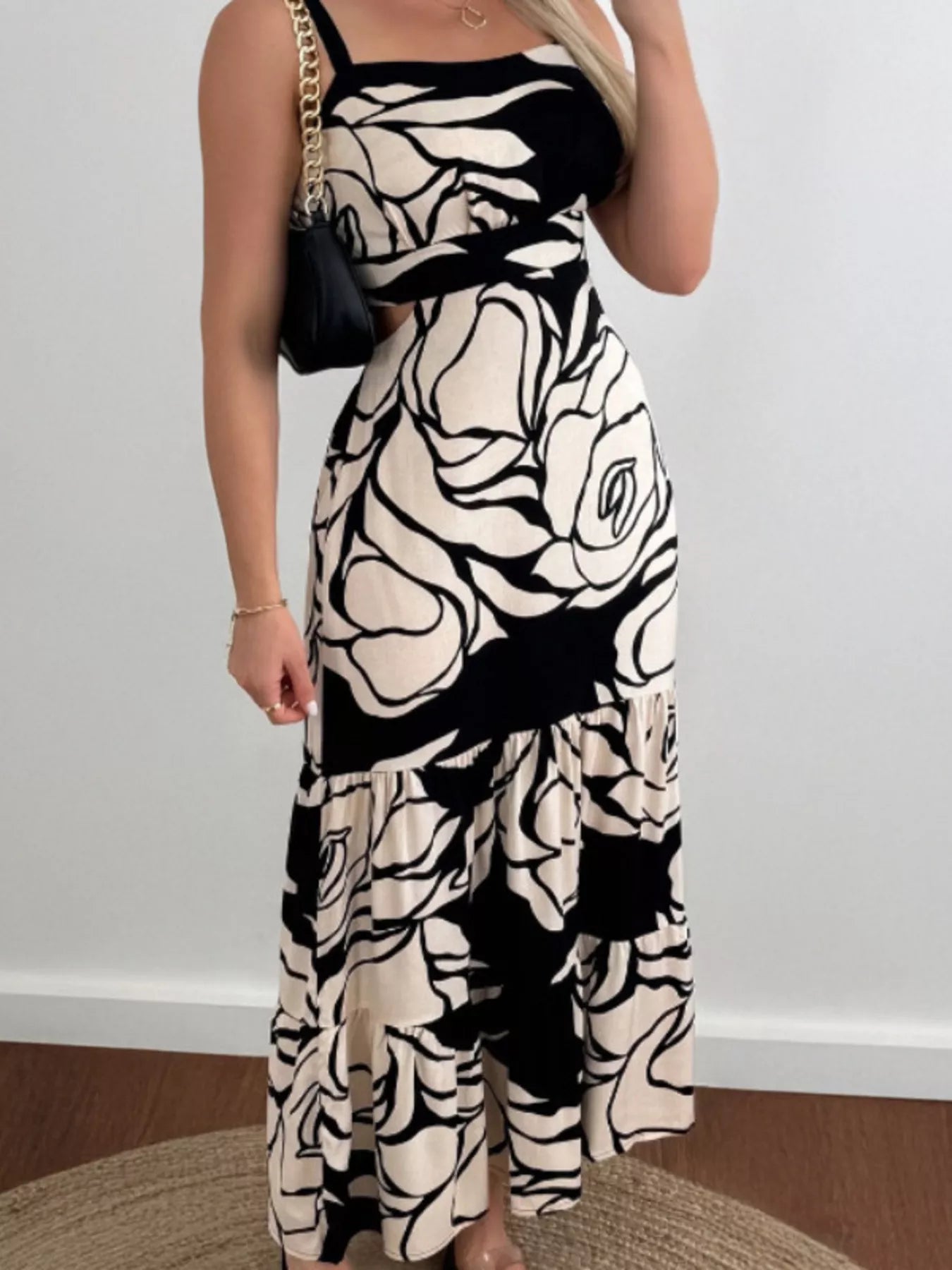 Cutout Back Printed Cami Dress Black