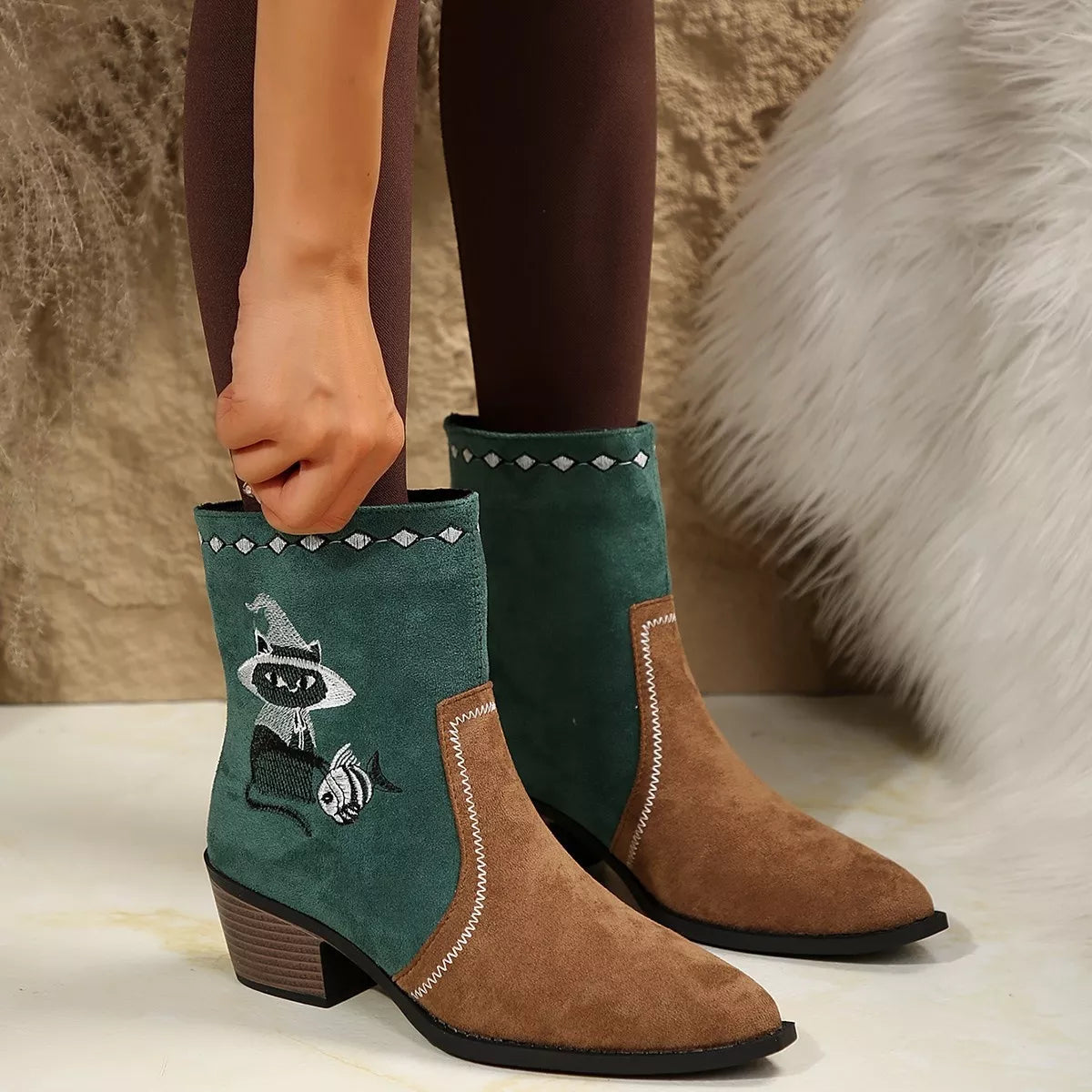 Western Cowboy Boots with Embroidered Design Green