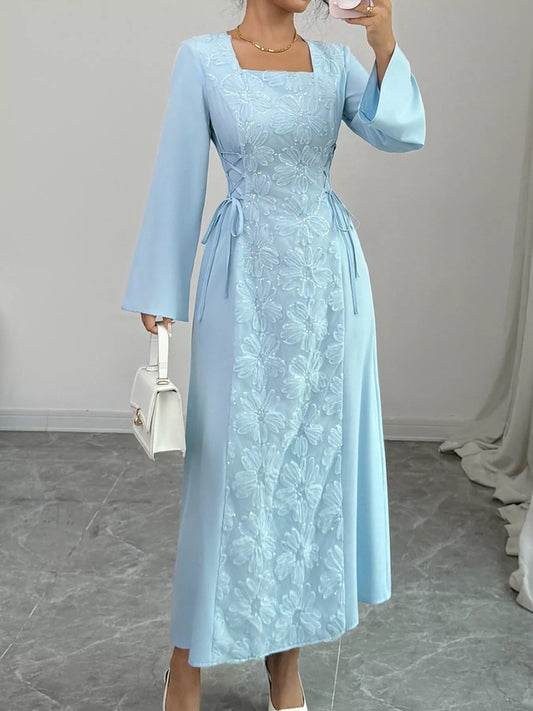 Lace Up Square Neck Long Sleeve Maxi Dress Pastel Blue