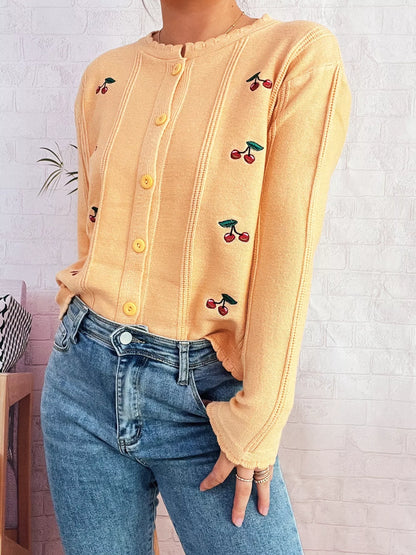 Cherry Embroidered Button Up Cardigan Yellow One Size