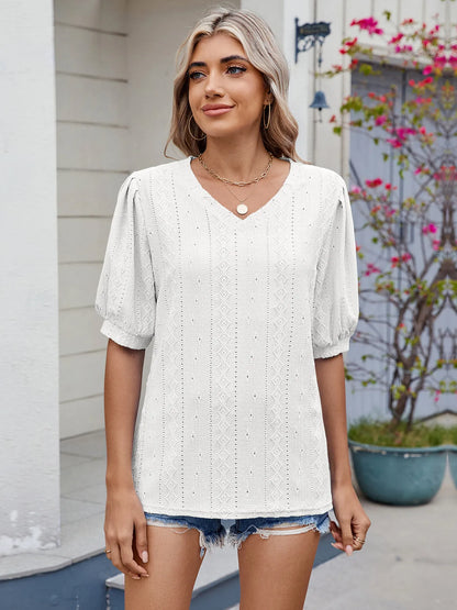 Eyelet V-Neck Puff Sleeve Casual Top White