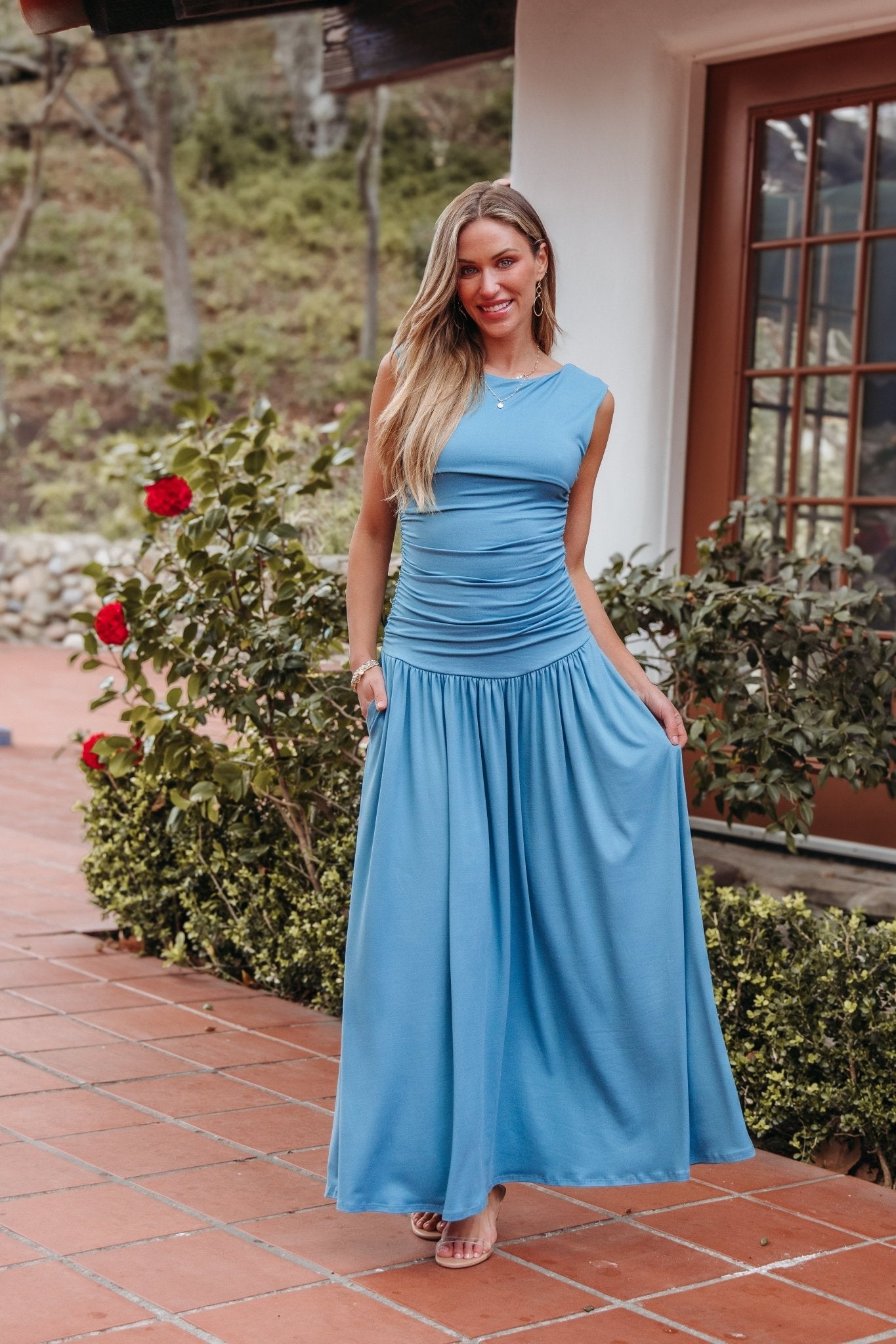 Emma Ruched Drop Waist Maxi Dress - Teal- FINAL SALE