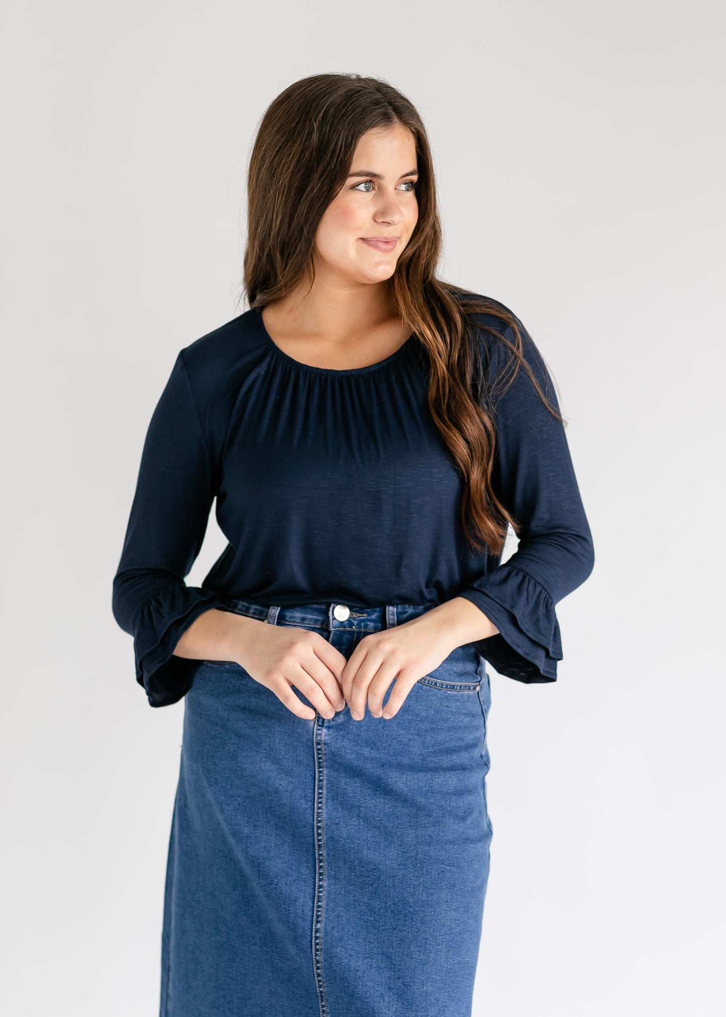 Essential Ruffled 3/4 Sleeve Top Navy