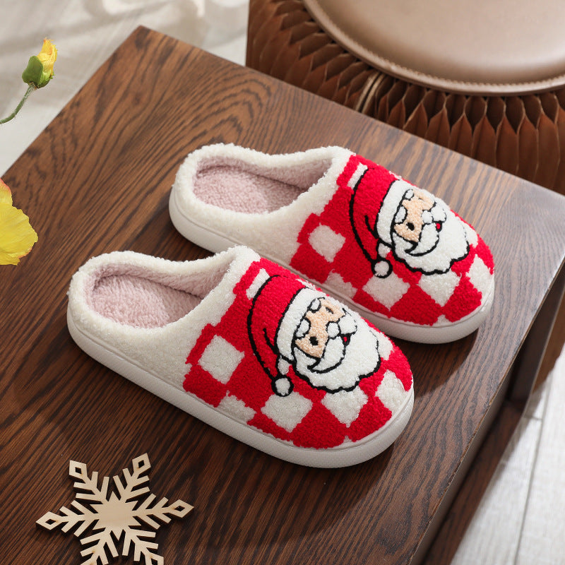 Christmas Red Check Santa Claus Pattern Unisex Home Winter Fur Slippers White
