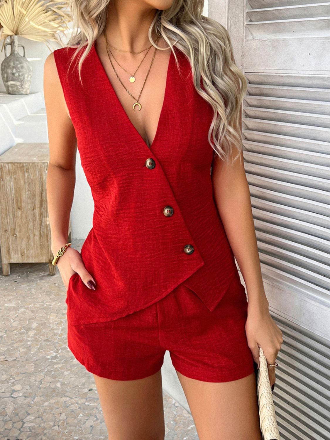 Devine Button Down Sleeveless Top and Shorts Set