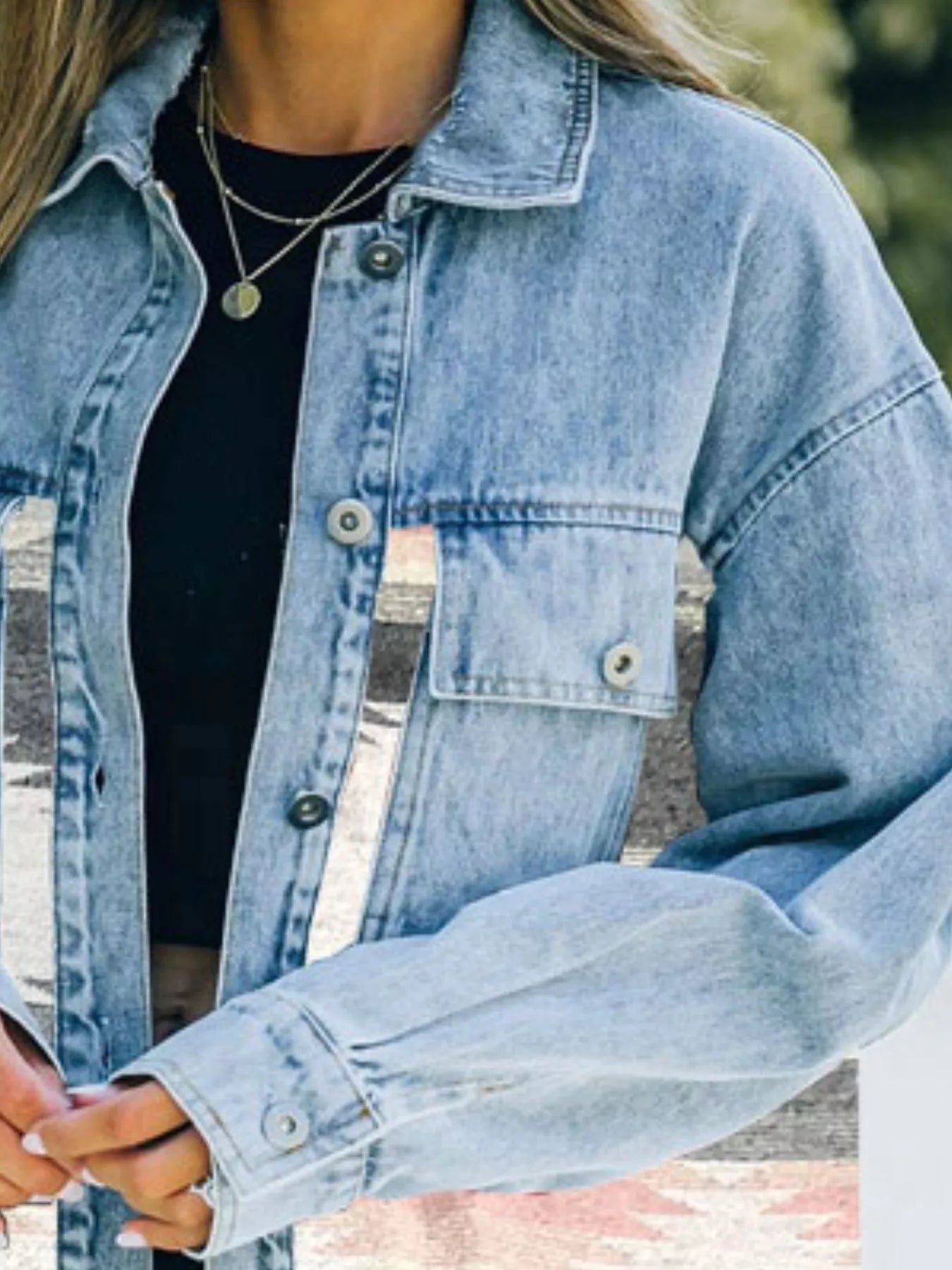 Printed Botton Down Long Sleeve Denim Jacket