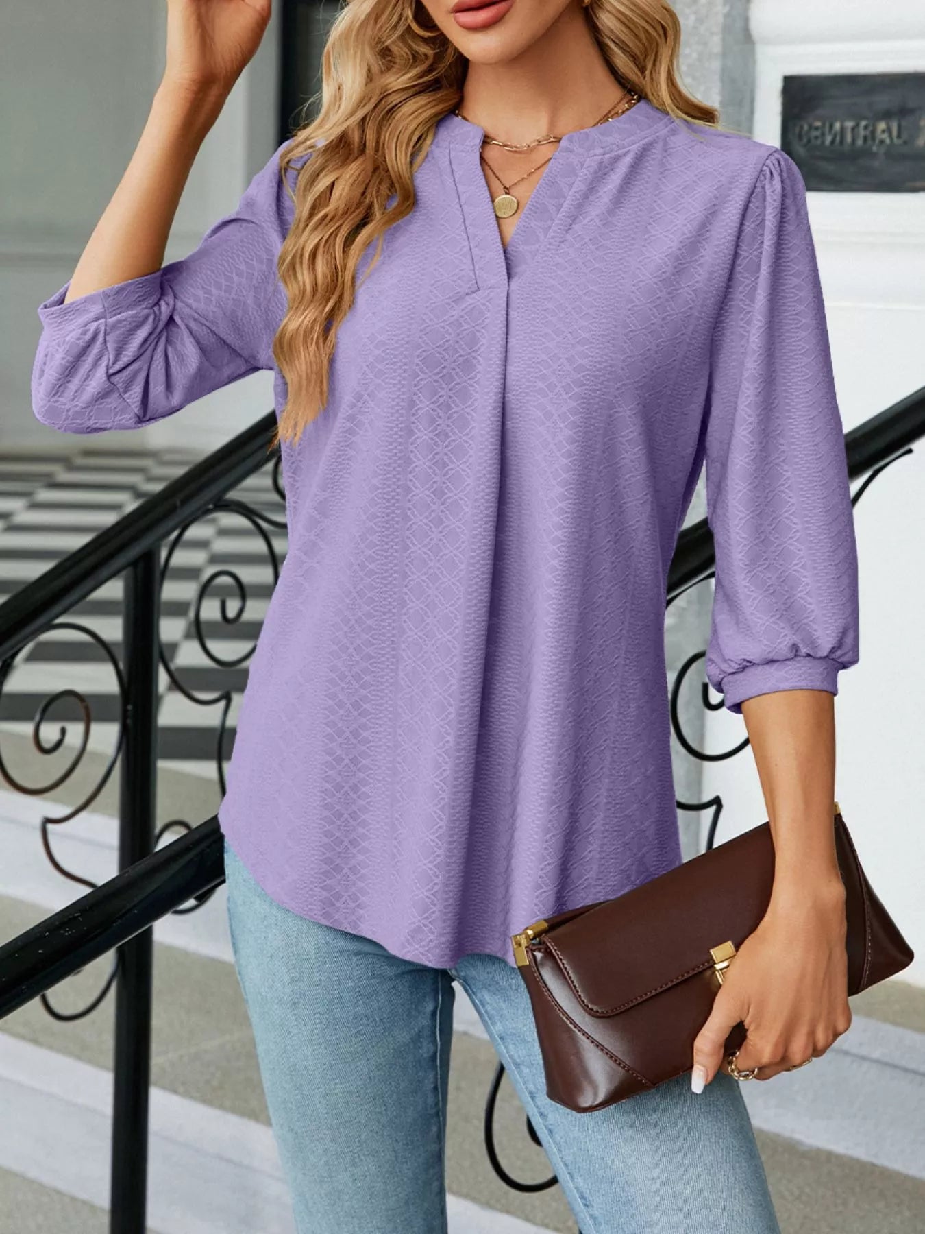 Notched 3/4 Sleeve Casual Top