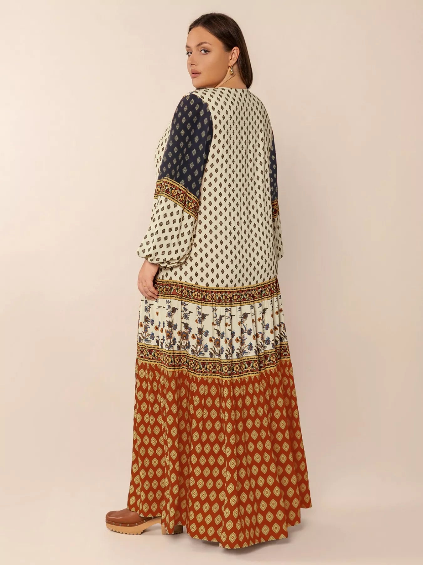 Plus Size Notched Balloon Sleeve Maxi Dress