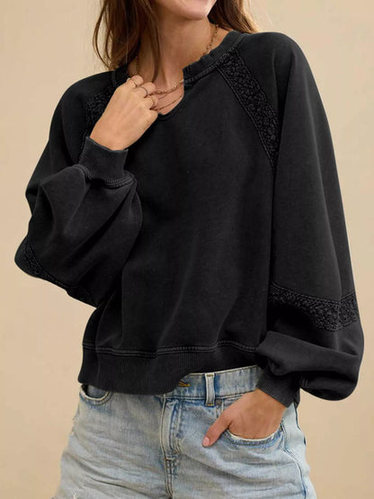 Lace Detail Notched Long Sleeve Sweatshirt Black