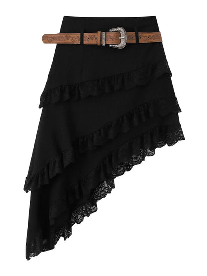 Asymmetrical Lace Ruffle Skirt Black