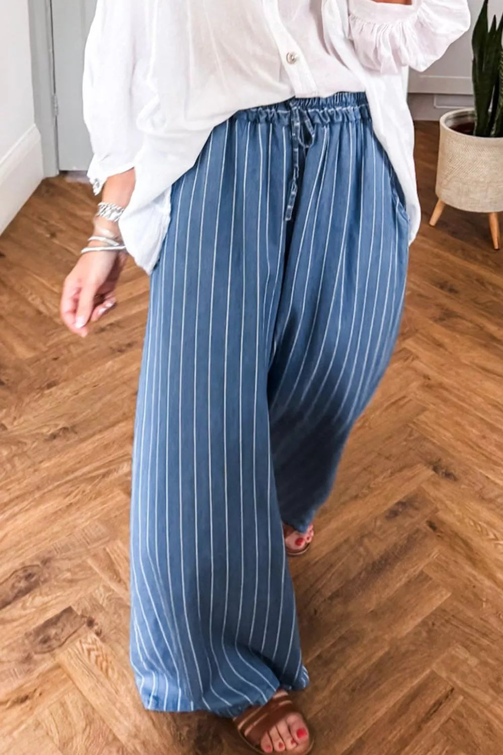 Stripe Chambray Wide Leg Tied Elastic Waist Jeans