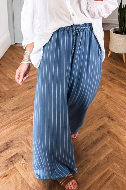 Stripe Chambray Wide Leg Tied Elastic Waist Jeans