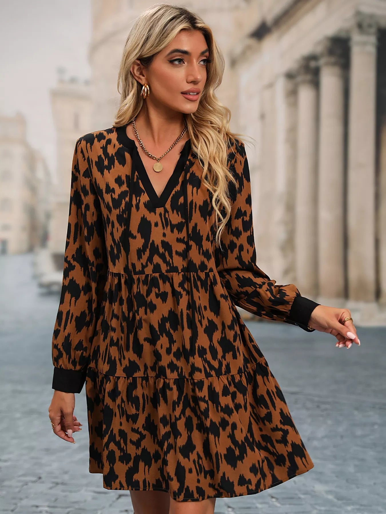 Leopard Tie Neck Long Sleeve Dress