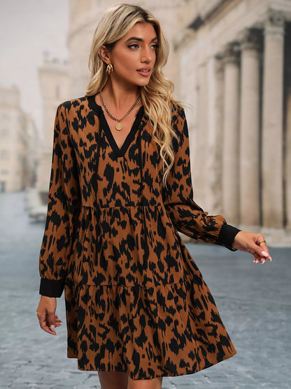 Leopard Tie Neck Long Sleeve Dress