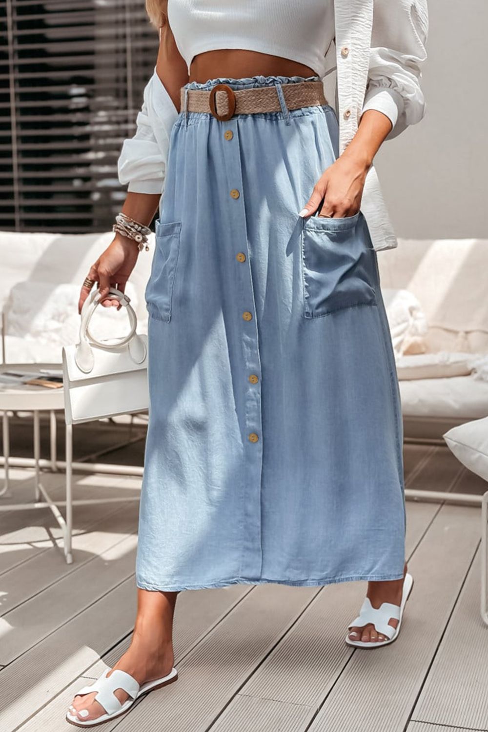 Frill Midi Skirt with Pockets Light Blue