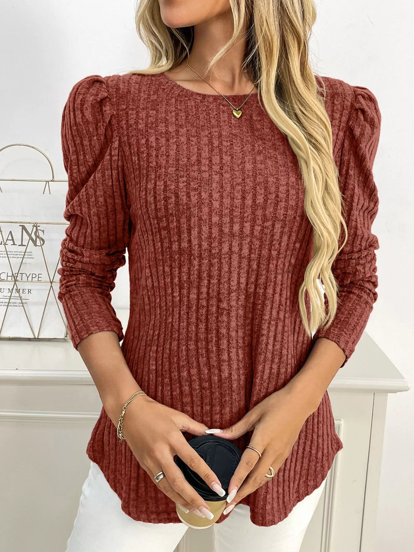 Round Neck Puff Sleeve T-Shirt Caramel