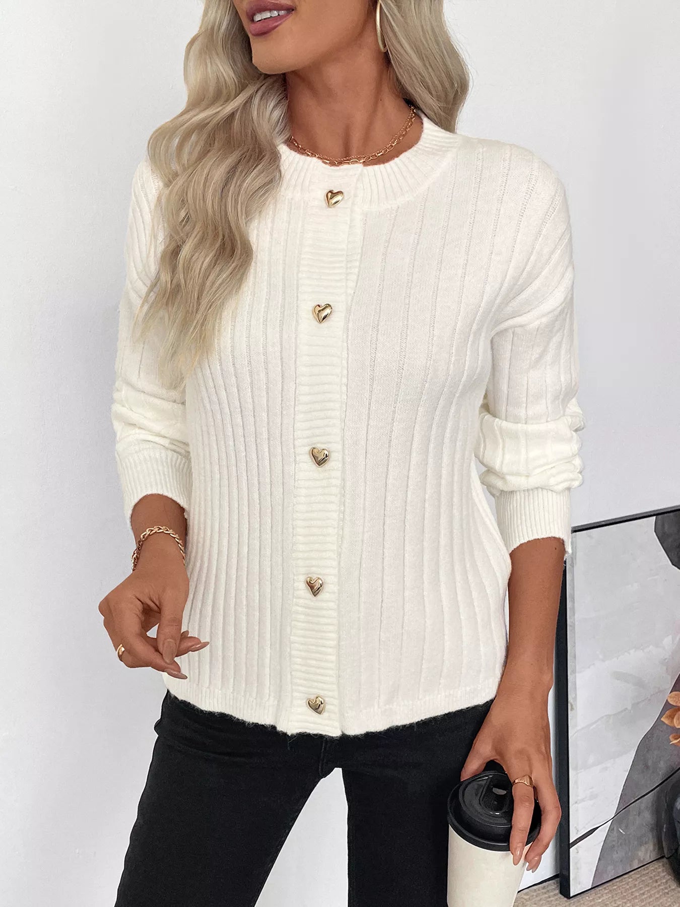 Ribbed Button Up Long Sleeve Cardigan