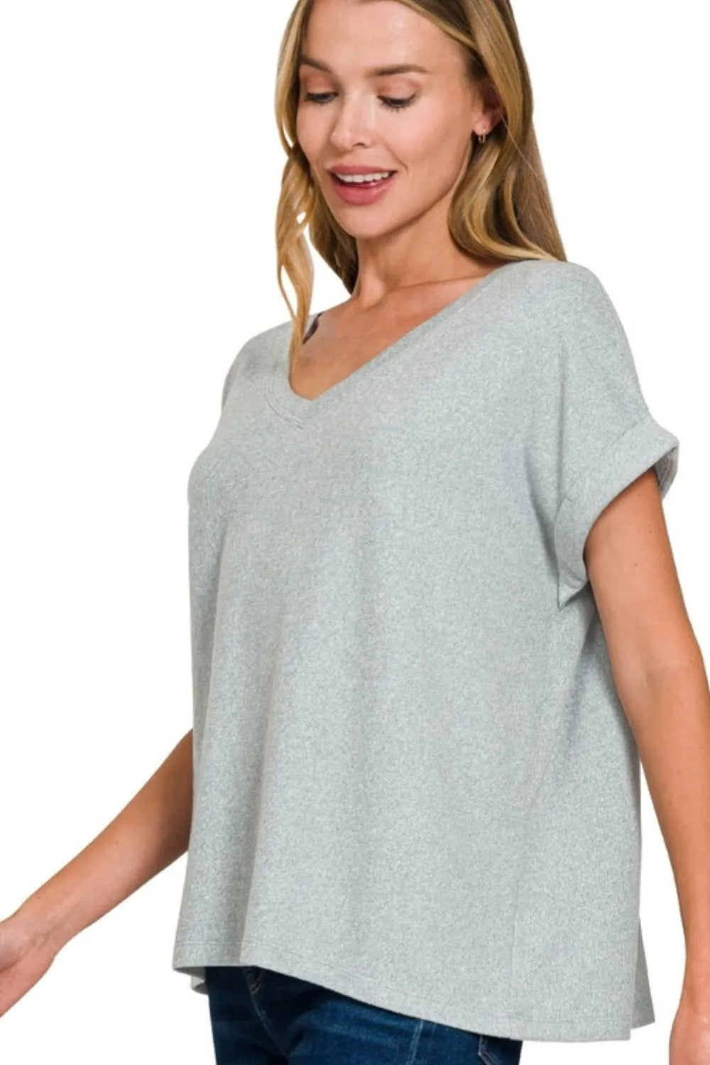 Zenana Soft Melange Hacci V-neck Tee BLUE GREY