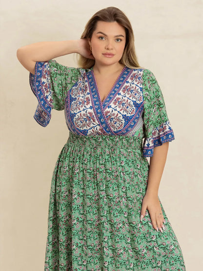 Plus Size Floral Print Smocked Waist Maxi Dress