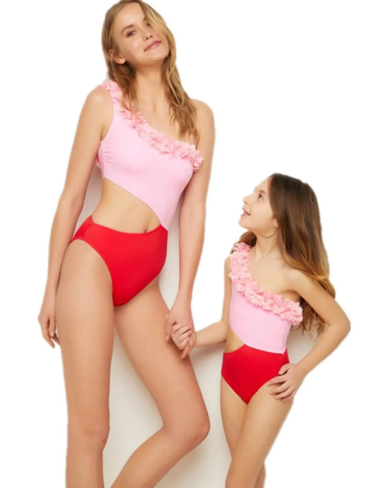 Cutout One Shoulder Contrast Parent-Child Swimwear Kid
