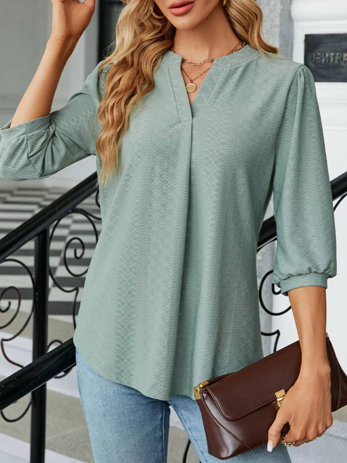 Notched 3/4 Sleeve Casual Top Sage