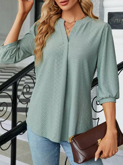Notched 3/4 Sleeve Casual Top Sage