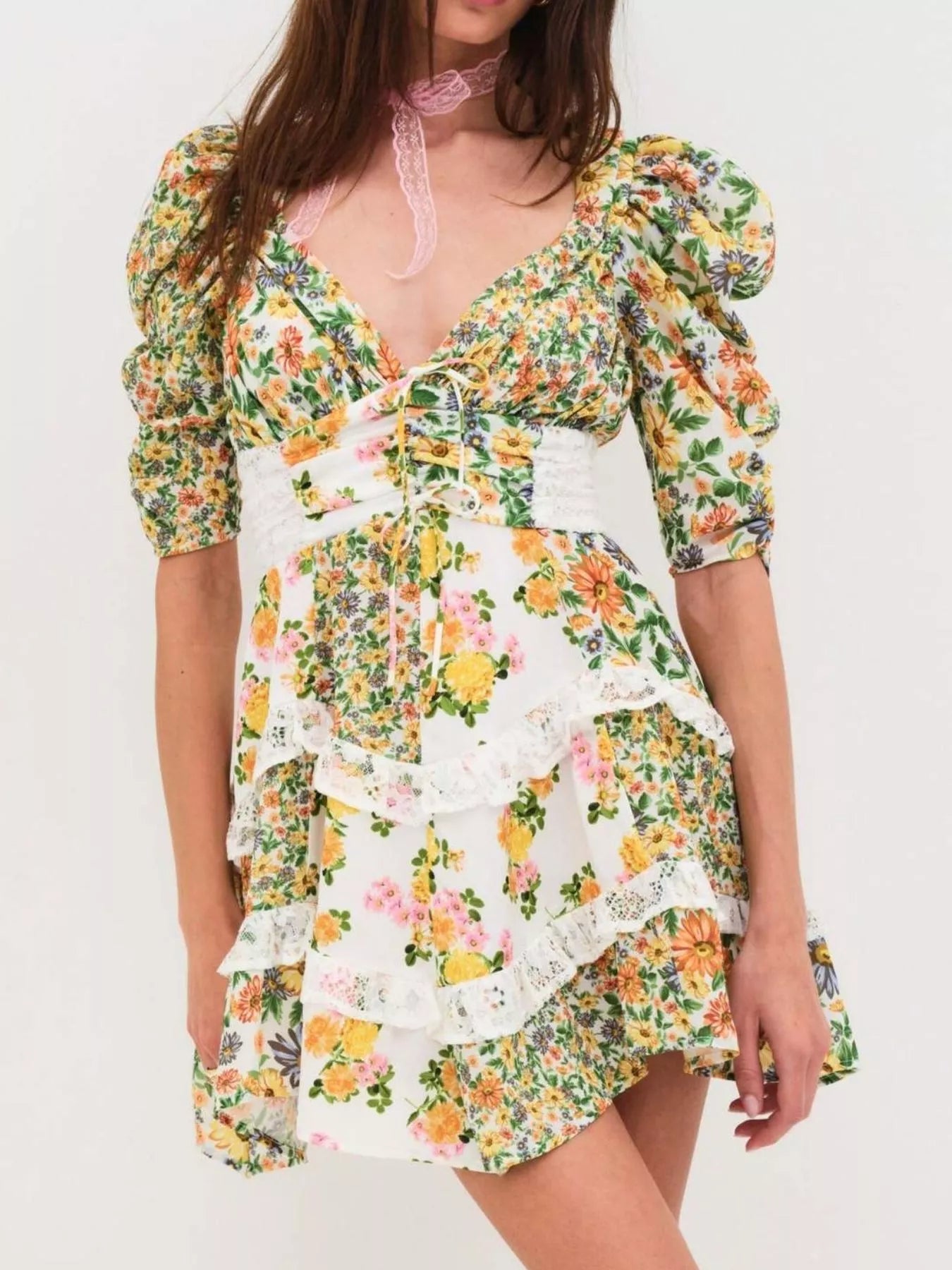 Ruffled Floral Print Half Sleeve Dress