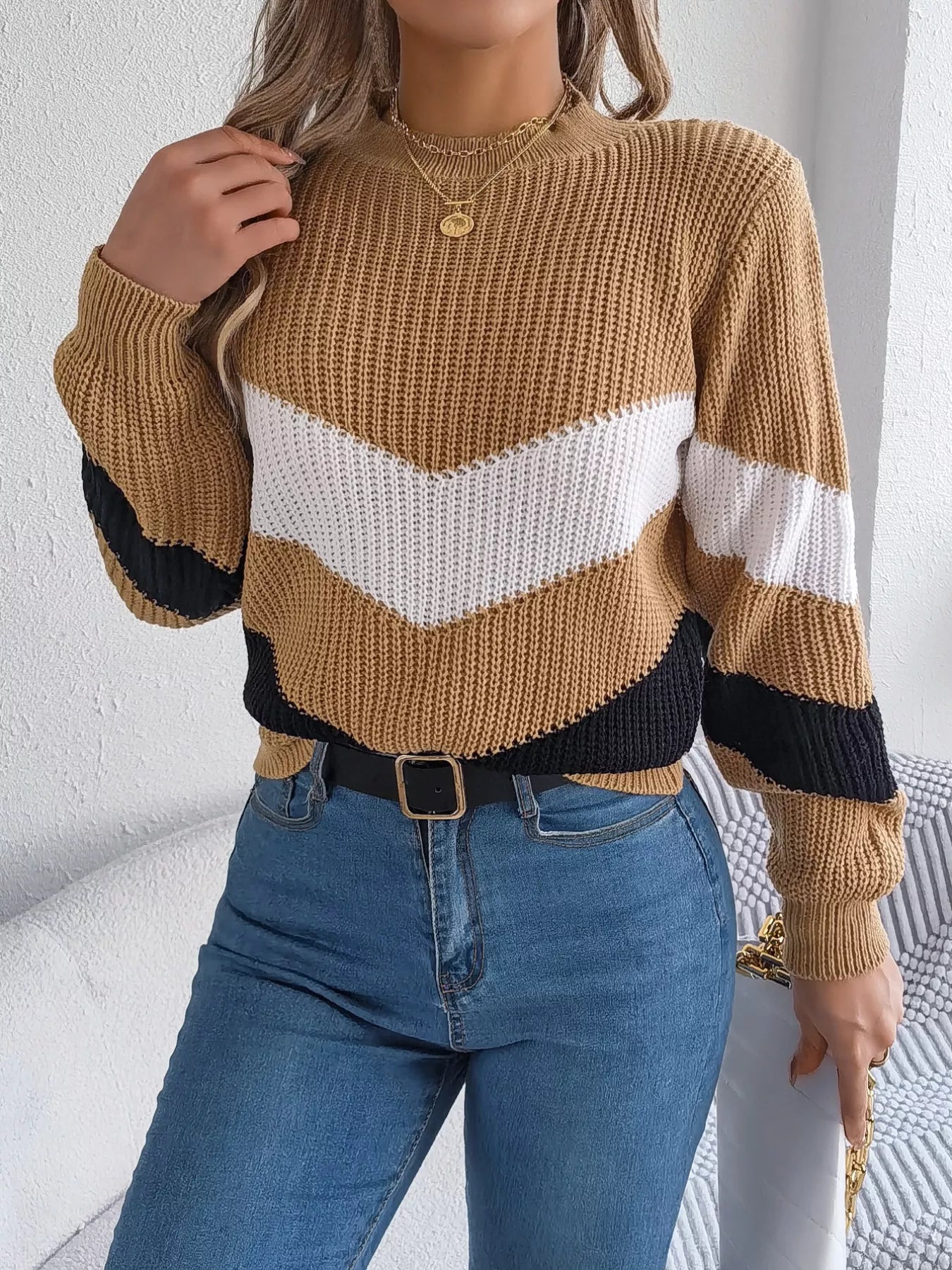 Chevron Stripe Color Block Round Neck Sweater