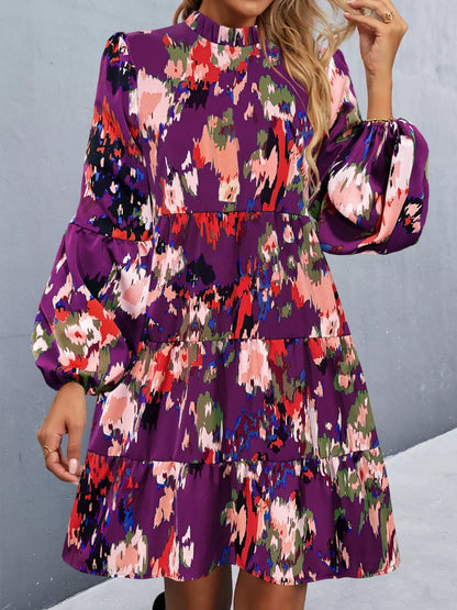 Printed Balloon Sleeve Mini Dress Violet