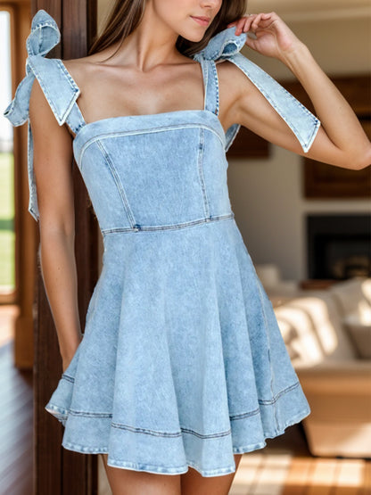 Square Neck Tie Shoulder Denim Dress Light Blue