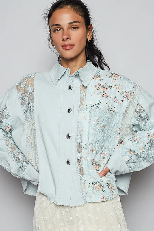 POL Floral Long Sleeve Shirt with Lace Panel Details