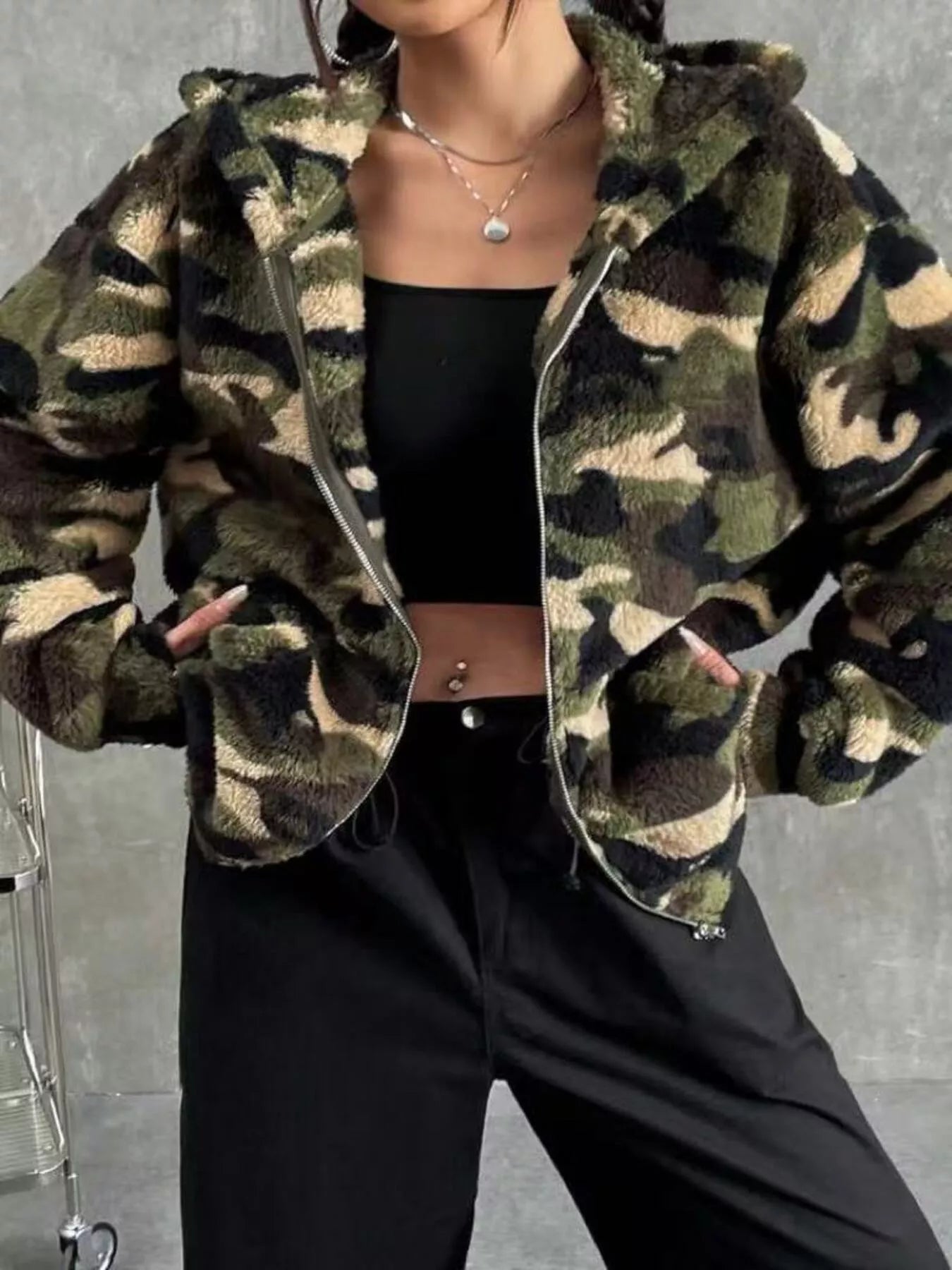 Camo Print Fuzzy Zip Up Outerwear