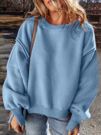 Round Neck Dropped Shoulder Sweatshirt Sky Blue