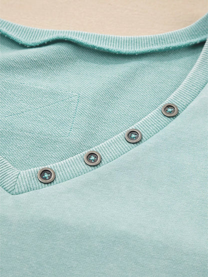 Mineral Wash Exposed Seam Buttoned V Neck Top