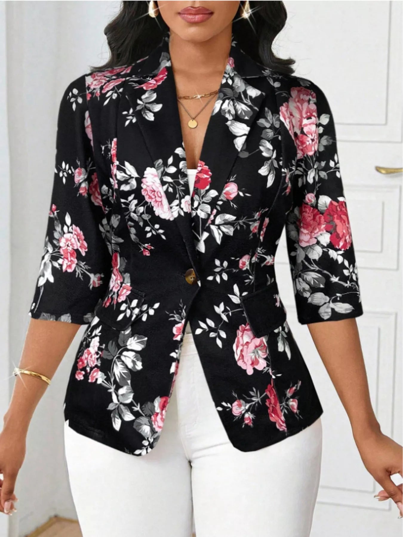 Floral Print One Button Casual Blazer