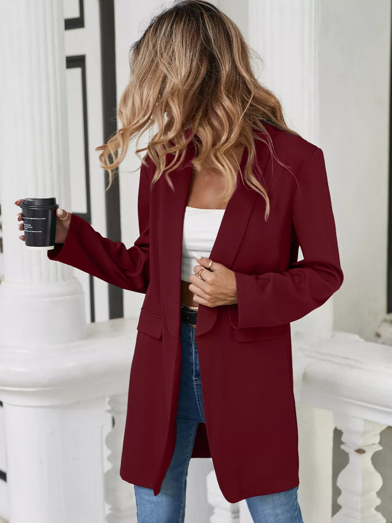 Lapel Collar Long Sleeve Blazer Burgundy