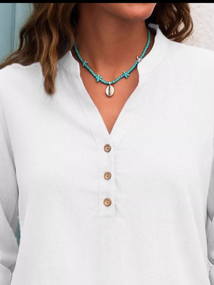 Full Size Button Detail Notched Long Sleeve Blouse Plus Size