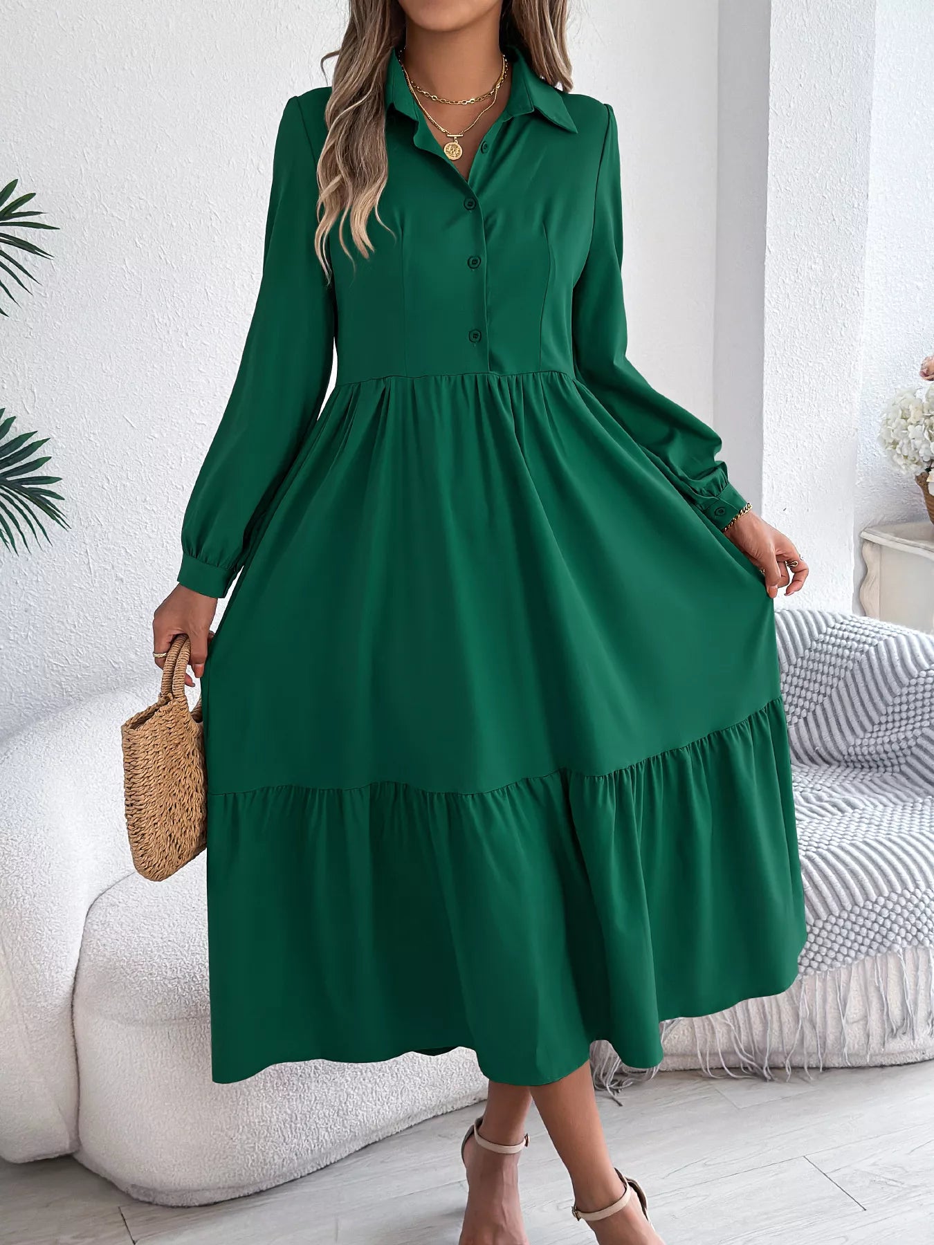 Long Sleeve Tiered Button Front Midi Dress Dark Green