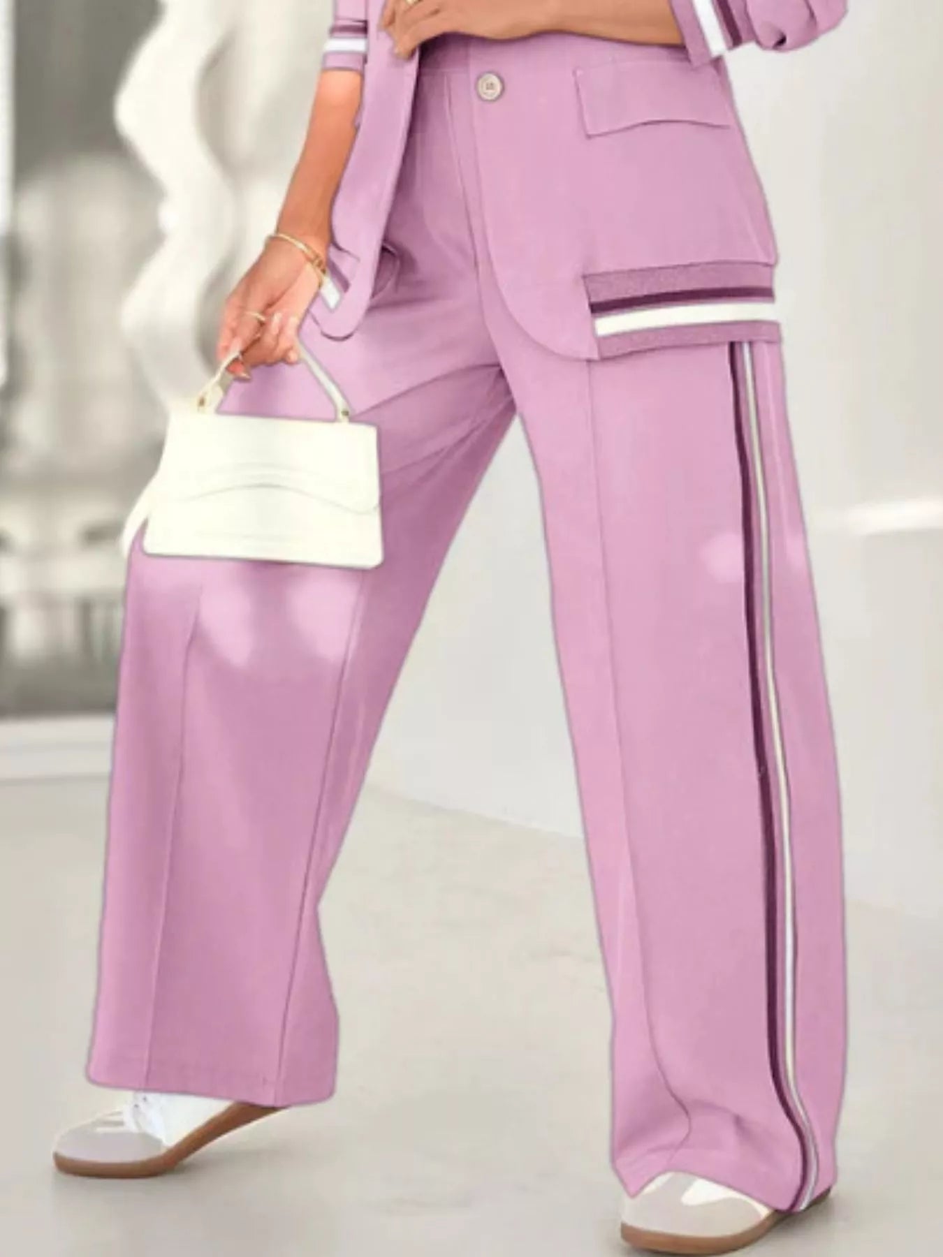 Full Size Striped Trim Button Down Jacket and Pants Set Plus Size