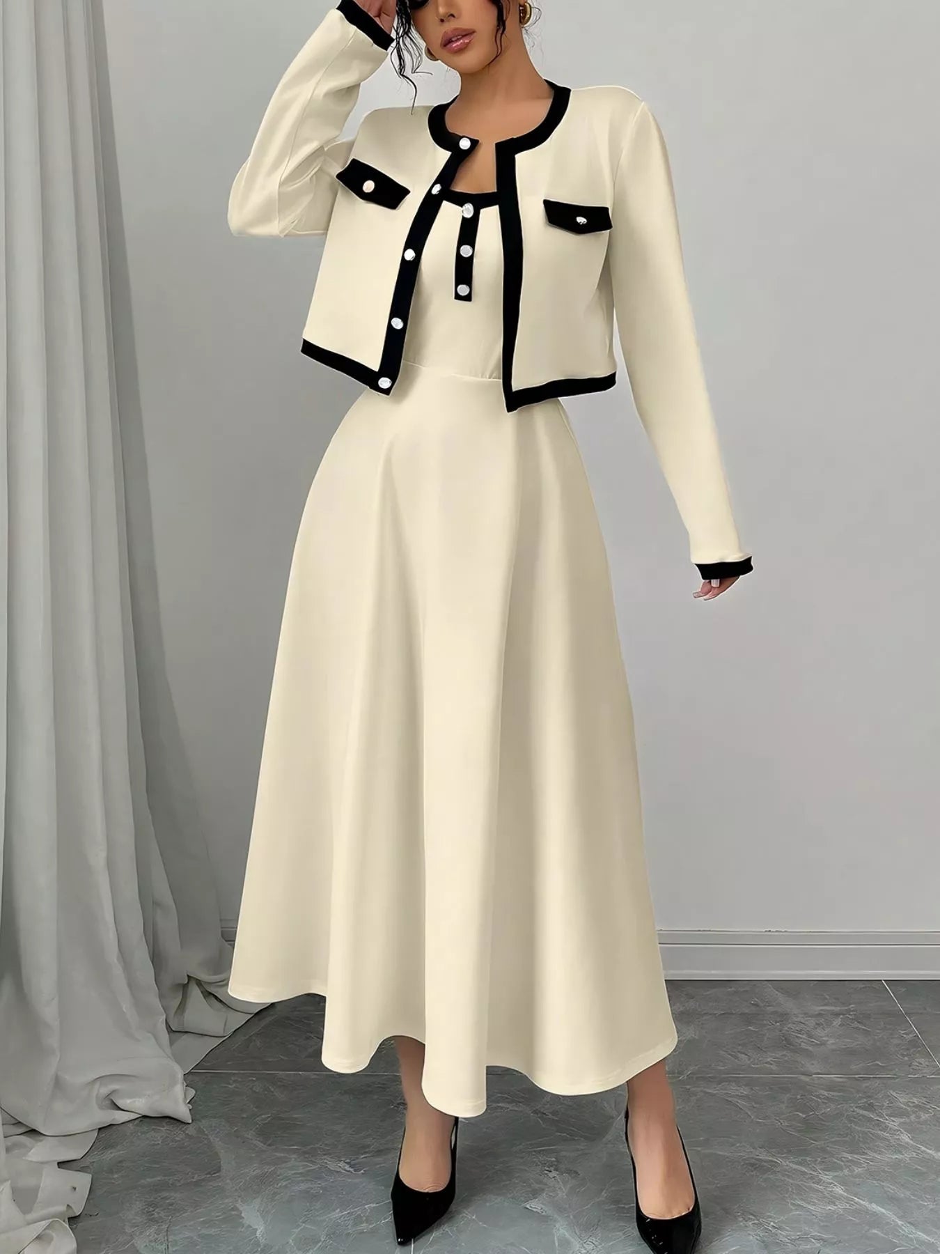 Contrast Trim Maxi Dress and Cropped Cardigan Set