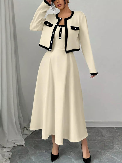Contrast Trim Maxi Dress and Cropped Cardigan Set