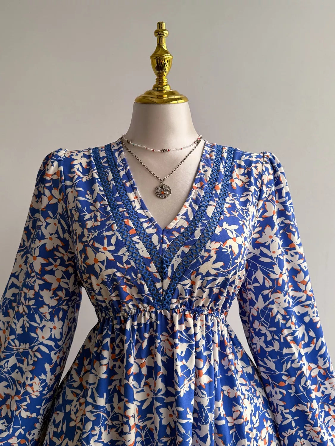 Plus Size Floral Print V-Neck Long Sleeve Maxi Dress